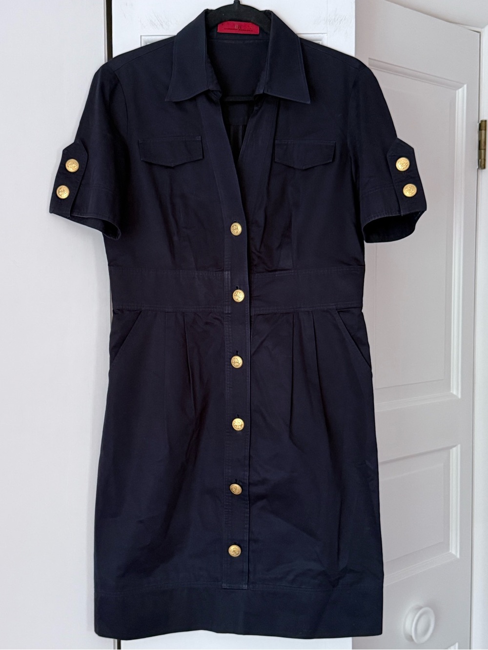 CH Carolina Herrera Navy Cotton Safari Shirt Dress Gold Anchor Buttons Size 8